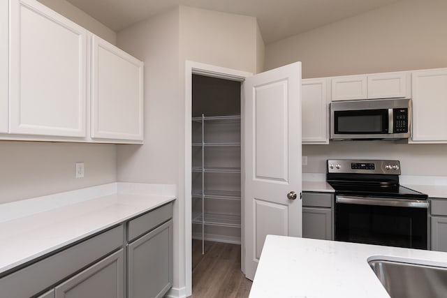 kitchen with stainless steel appliances, hardwood / wood-style flooring, and white cabinetry