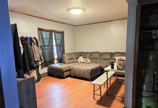 living area featuring a textured ceiling, wood finished floors, and ornamental molding