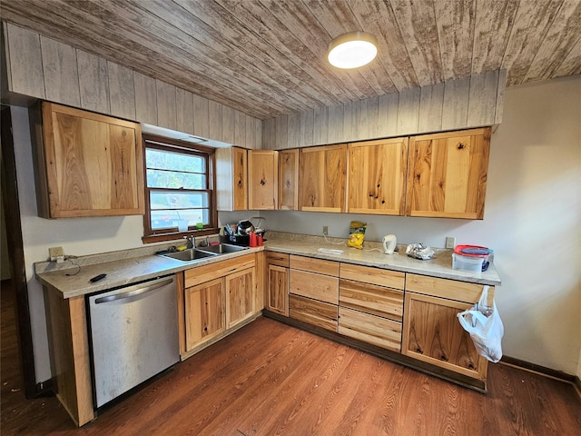 kitchen with dark wood-type flooring, a sink, wooden ceiling, light countertops, and dishwasher