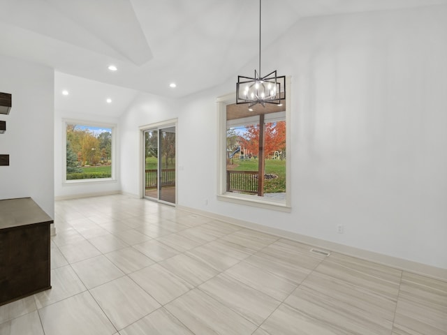 unfurnished dining area featuring light tile patterned floors, lofted ceiling, and an inviting chandelier