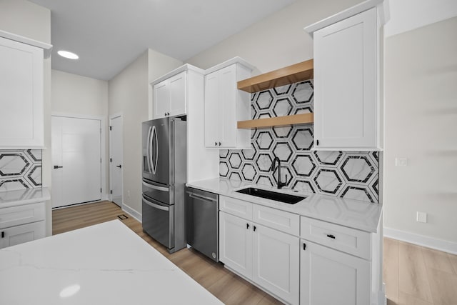 kitchen featuring open shelves, appliances with stainless steel finishes, a sink, and white cabinetry