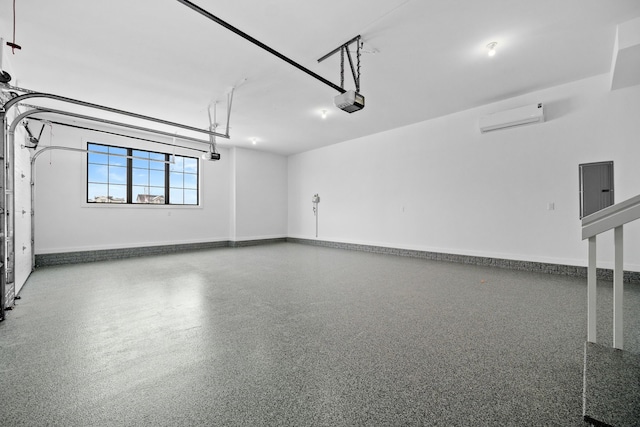 garage featuring electric panel, a garage door opener, and a wall mounted AC