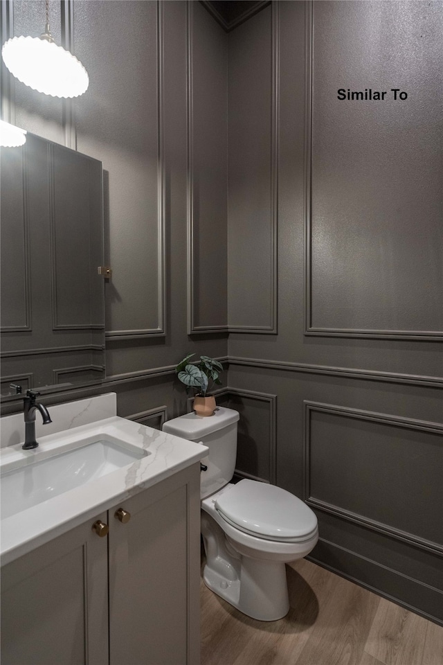 bathroom with hardwood / wood-style floors, vanity, and toilet