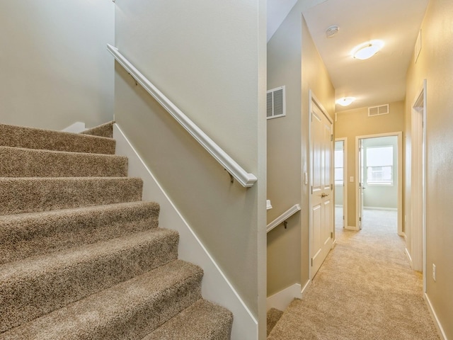 313 SW 7th St Unit 107, Des Moines, IA 50309 - staircase featuring carpet flooring and baseboards