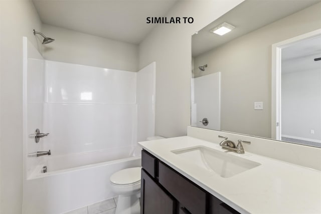 full bathroom with toilet, tub / shower combination, tile patterned floors, and vanity