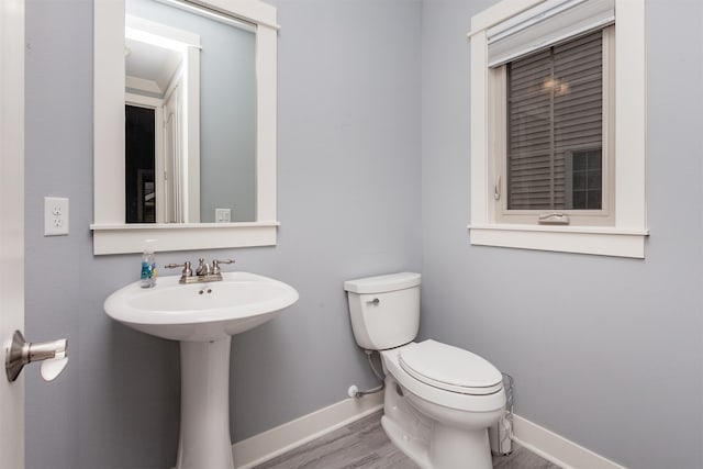 bathroom featuring toilet, sink, and hardwood / wood-style flooring