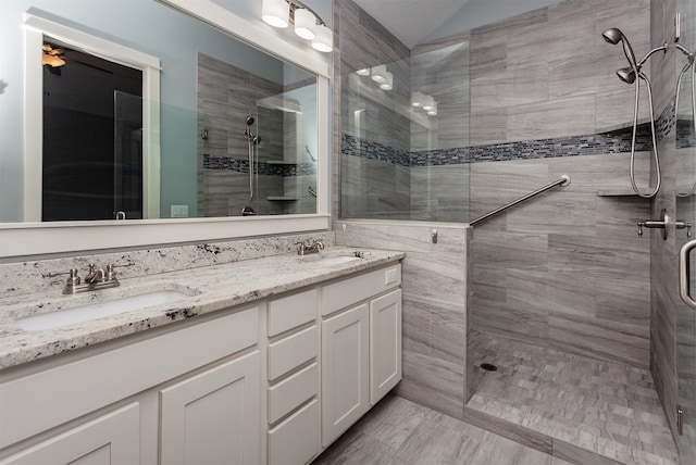 bathroom featuring walk in shower and vanity