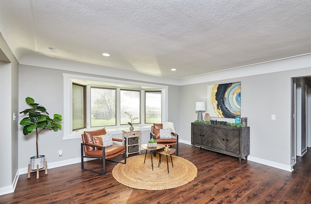 living area featuring a textured ceiling and dark wood-type flooring