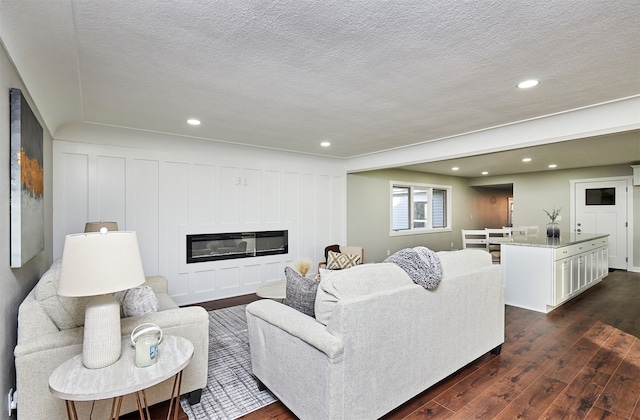 living room with dark hardwood / wood-style flooring and a textured ceiling