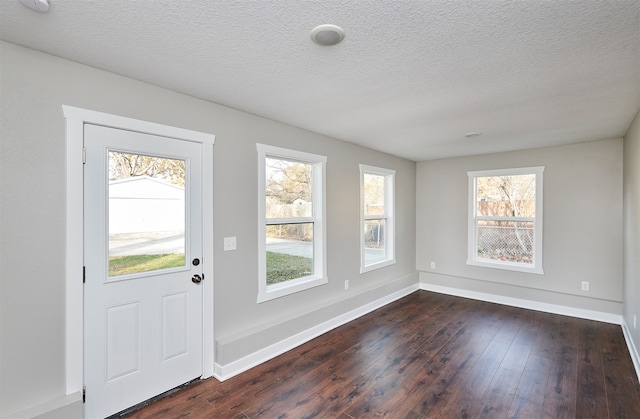 interior space with a textured ceiling, dark hardwood / wood-style flooring, and a wealth of natural light