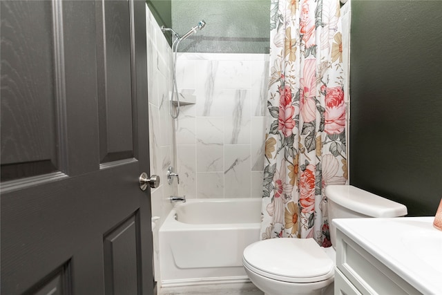 full bathroom featuring wood-type flooring, vanity, shower / bathtub combination with curtain, and toilet