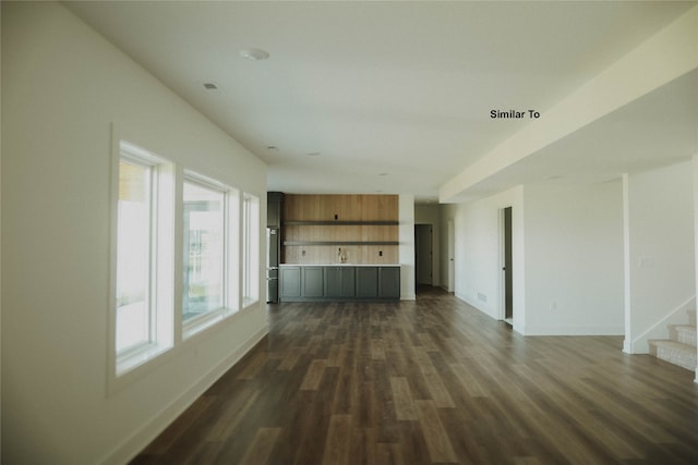 unfurnished living room with dark hardwood / wood-style flooring