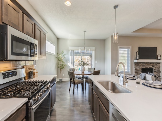 kitchen with dark hardwood / wood-style flooring, hanging light fixtures, sink, dark brown cabinets, and appliances with stainless steel finishes