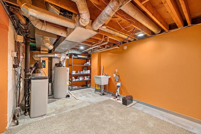 basement featuring sink and gas water heater