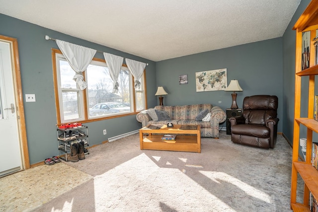 living room featuring a baseboard radiator, light colored carpet, and a textured ceiling