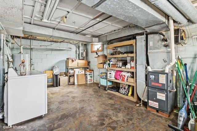 basement with washer / dryer, electric panel, and water heater