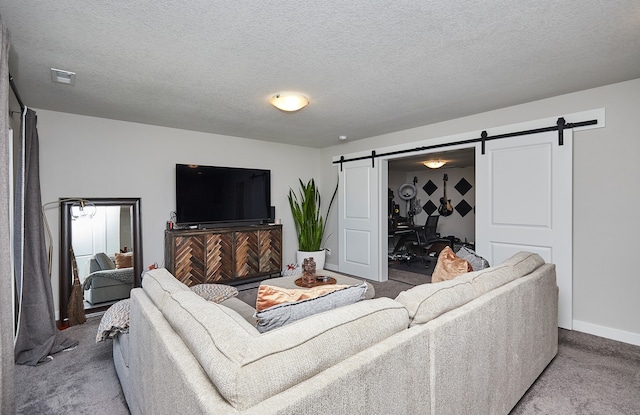 carpeted living room featuring a textured ceiling and a barn door