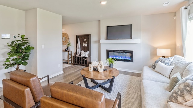 living room featuring a wealth of natural light and hardwood / wood-style flooring