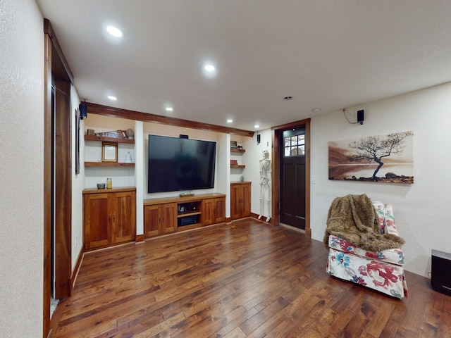 living room featuring dark wood-type flooring