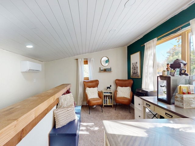 living area with a wall mounted AC, wood ceiling, vaulted ceiling, and carpet