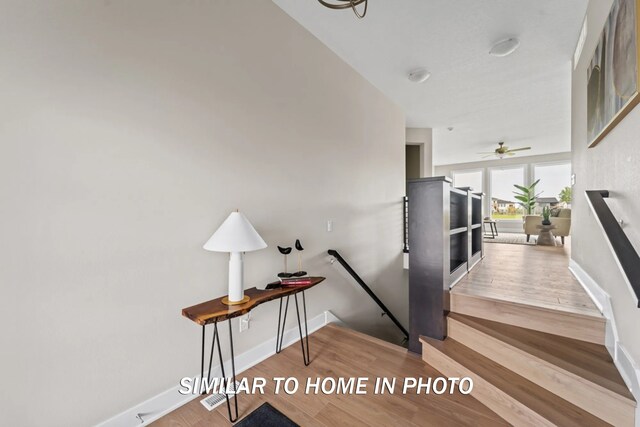 stairs featuring hardwood / wood-style floors and ceiling fan