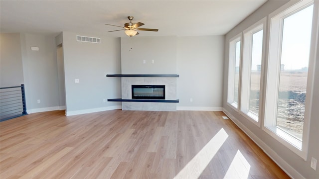 unfurnished living room featuring visible vents, baseboards, light wood-style flooring, and a fireplace