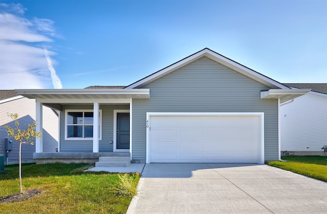 ranch-style home featuring a garage and a front lawn