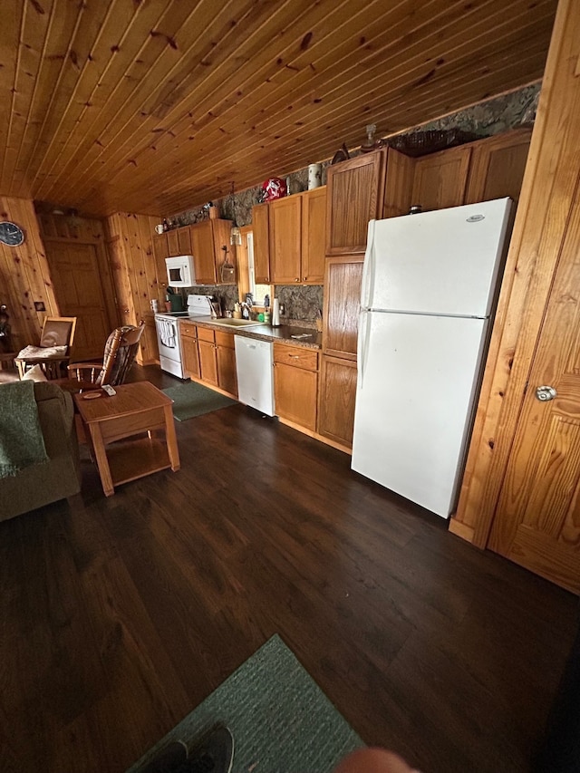 kitchen featuring white appliances, wooden walls, sink, wooden ceiling, and dark hardwood / wood-style floors