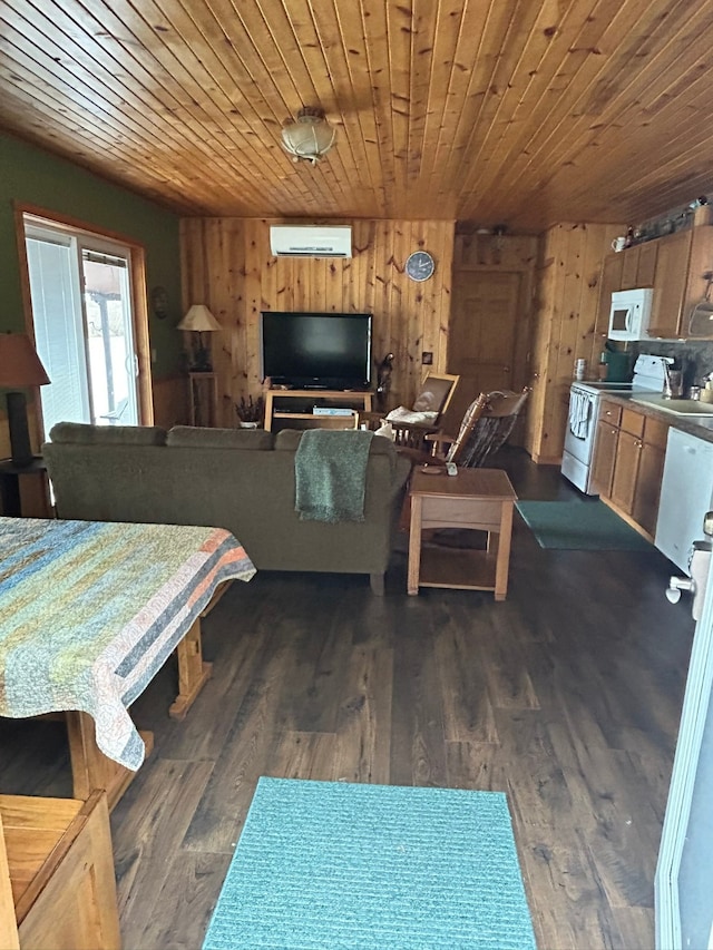 living room featuring a wall mounted AC, wooden ceiling, dark wood-type flooring, and wood walls