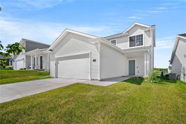 view of front of home with a garage, a front lawn, and central air condition unit