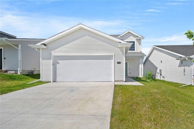 single story home featuring a garage and a front lawn