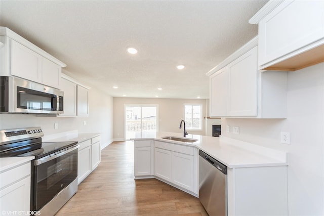 kitchen featuring a peninsula, a sink, white cabinets, light wood-style floors, and appliances with stainless steel finishes