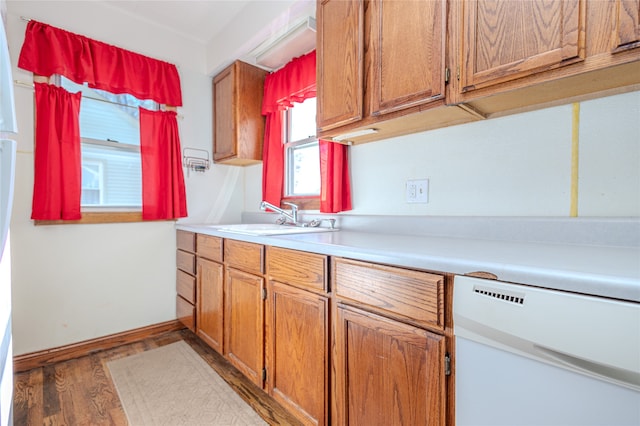 kitchen with sink, hardwood / wood-style floors, and white dishwasher