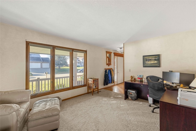 office area with a textured ceiling and light colored carpet