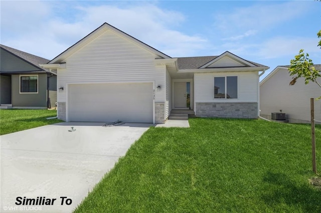 ranch-style house featuring central AC, a front yard, and a garage