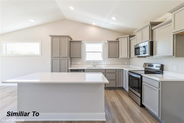 kitchen featuring lofted ceiling, stainless steel appliances, and gray cabinetry