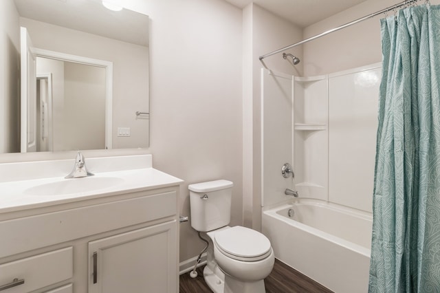 bathroom with shower / tub combo with curtain, vanity, toilet, and wood finished floors