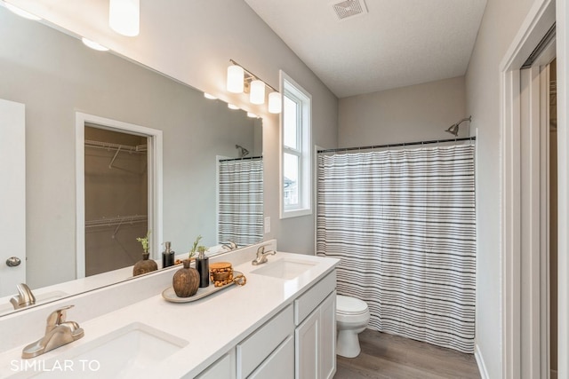 bathroom with vanity, hardwood / wood-style floors, toilet, and a shower with curtain