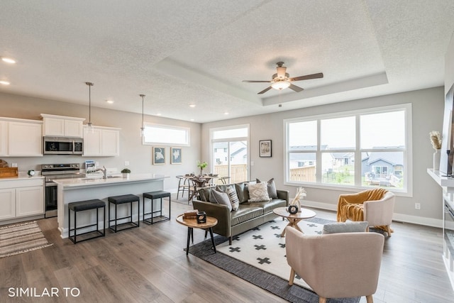 living room with a tray ceiling, ceiling fan, wood-type flooring, and a textured ceiling