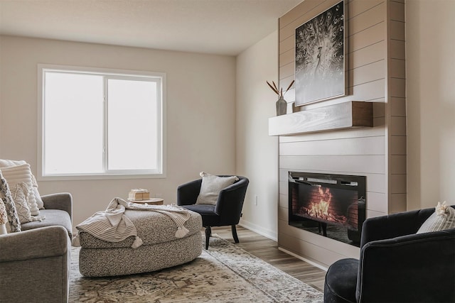 living room with wood-type flooring and a large fireplace