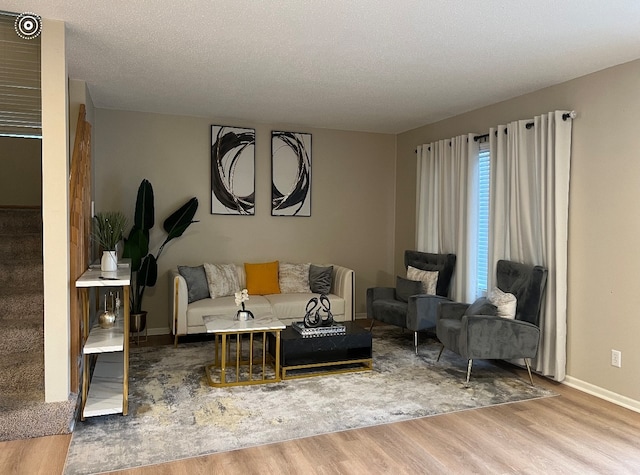 living room with light hardwood / wood-style floors and a textured ceiling