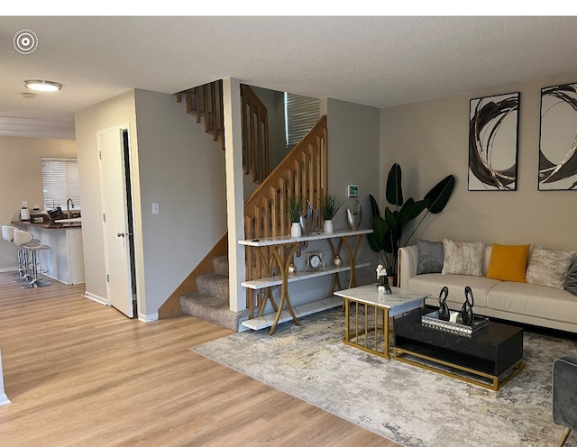 living room featuring sink, wood-type flooring, and a textured ceiling