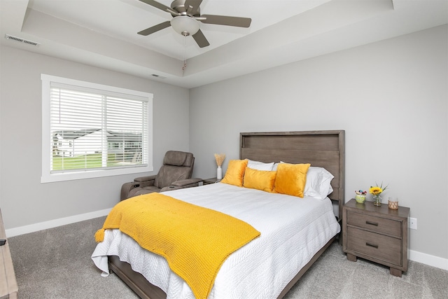 carpeted bedroom featuring a raised ceiling and ceiling fan