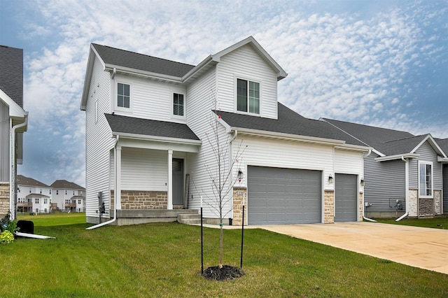 view of front of home featuring a front yard, concrete driveway, stone siding, and roof with shingles