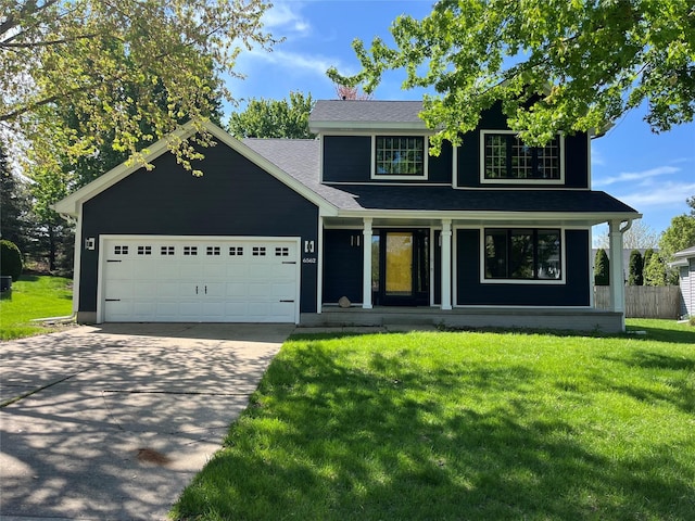 6562 Center St, West Des Moines, IA 50266 - traditional home with concrete driveway, an attached garage, covered porch, and a front yard