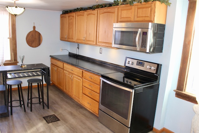 kitchen with wood-type flooring and appliances with stainless steel finishes