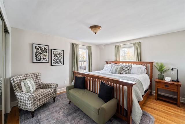 bedroom with hardwood / wood-style floors and a closet