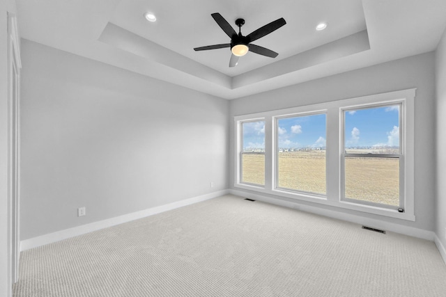 unfurnished room featuring light carpet, a raised ceiling, and ceiling fan