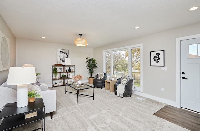 carpeted living room with a textured ceiling and a healthy amount of sunlight