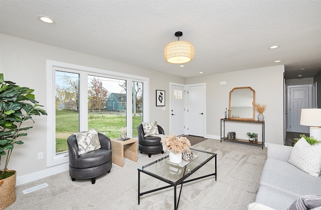 carpeted living room featuring a textured ceiling